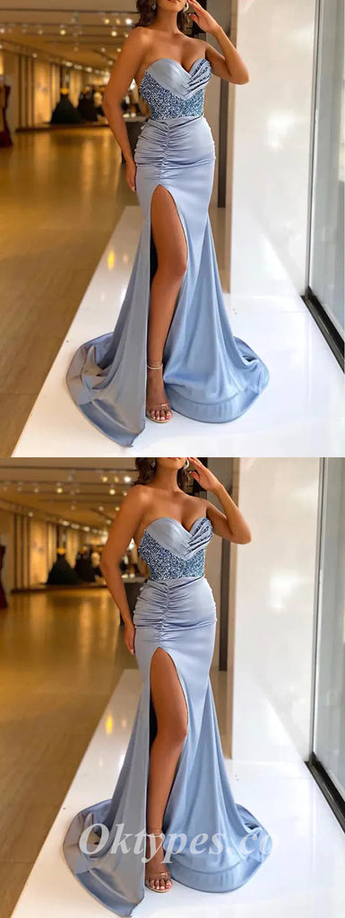Sexy Satin And Sequin Sweetheart Sleeveless Side Slit Mermaid Long Prom Dresses,PDS0614