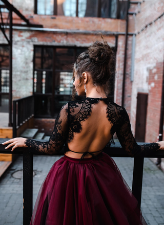 Two Pieces Black Lace Top And Tulle Burgundy Bottom Long Sleeves Open Back Prom Dresses, PDS0307