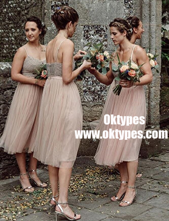 Spaghetti Straps Tea Length Pink Tulle Cheap Bridesmaid Dresses Online, TYP0991
