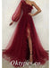 Sexy Tulle One Shoulder Long Sleeves Side Slit A-Line Long Prom Dresses, PDS0966