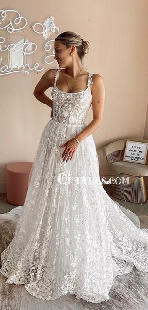 Spaghetti Straps A-line Lace Appliques Wedding Dresses Online, TYP1179