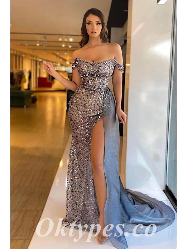 Sexy Sequin Off Shoulder Sleeveless Side Slit Mermaid Long Prom Dresses, PDS0935