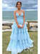 Sexy Tulle Spaghetti Straps V-Neck A-Line Long Prom Dresses, PDS0941