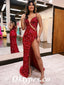 Sexy Spaghetti Straps V-Neck Sleeveless Side Slit Mermaid Long Prom Dresses, PDS0864