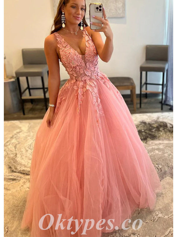 Elegant Tulle Spaghetti Straps V-Neck Sleeveless A-Line Long Prom Dresses With Applique And Beading,PDS0661