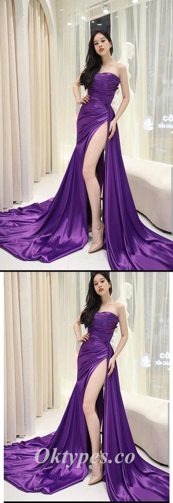 Sexy Purple Satin Sweetheart Sleeveless Side Slit Mermaid Long Prom Dresses ,PDS0620