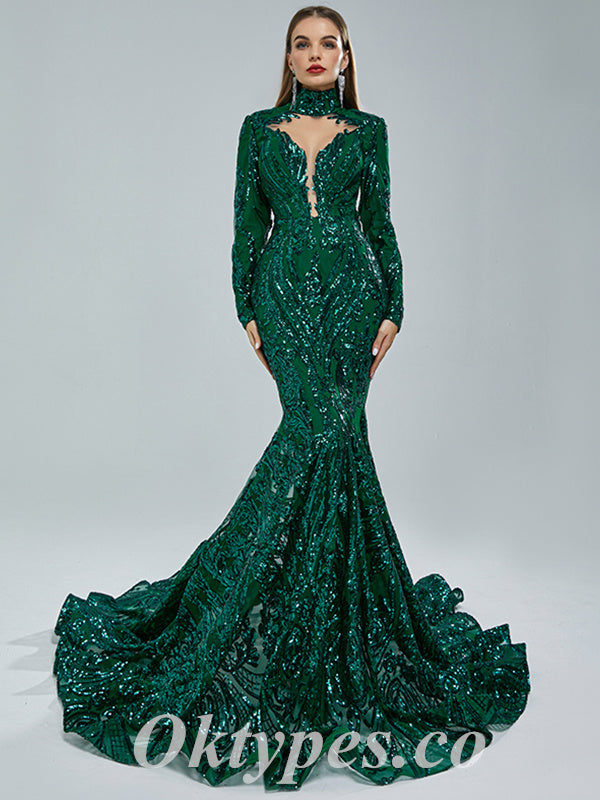 Elegant Dark Green Special Fabric Long Sleeve High Neck Mermaid Long Prom Dresses,PDS0459