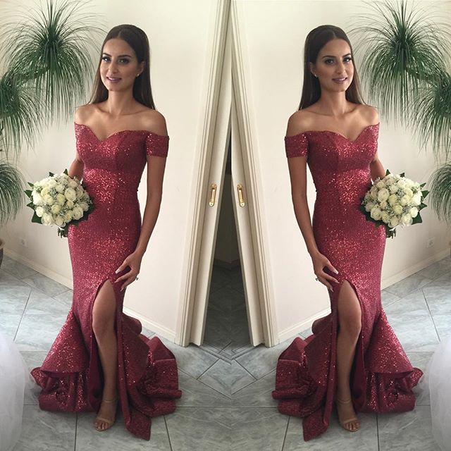 Long Red Mermaid Prom Dresses, Sequins Prom Dresses, Off-shoulder Prom Dresses, Split Side Prom Dresses, Zipper Prom Dresses, TYP0064