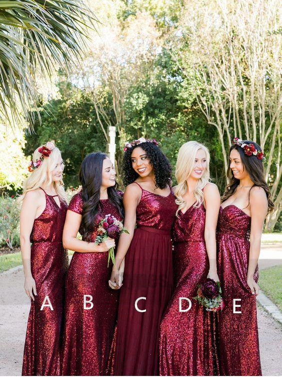 Mismatched Dark Red Sequin Custom Long Bridesmaid Dresses, TYP0813