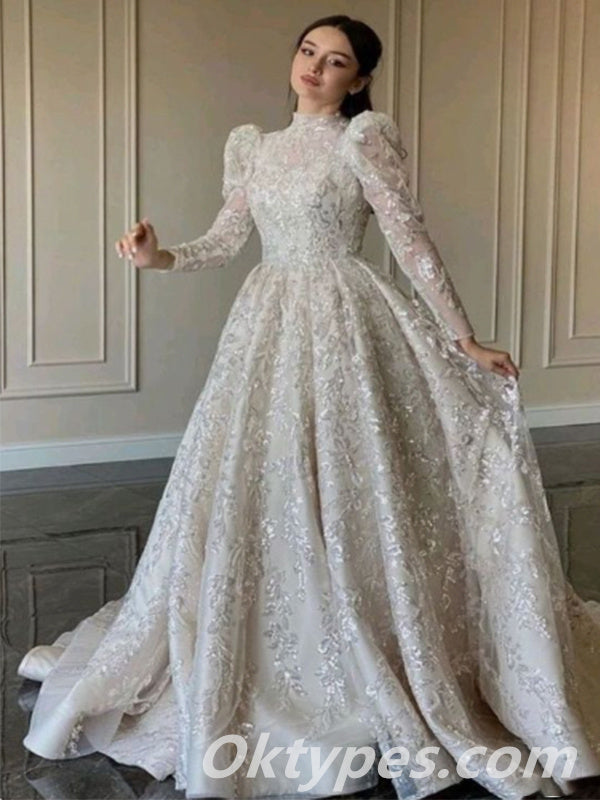 Unique Fashion Lace Long Sleeves High Neck A-Line Long Wedding Dresses,WDS0122