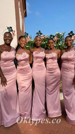 Sexy Soft Satin And Tulle One Shoulder Sleeveless Mermaid Floor Length Bridesmaid Dressses With Applique, BDS0252