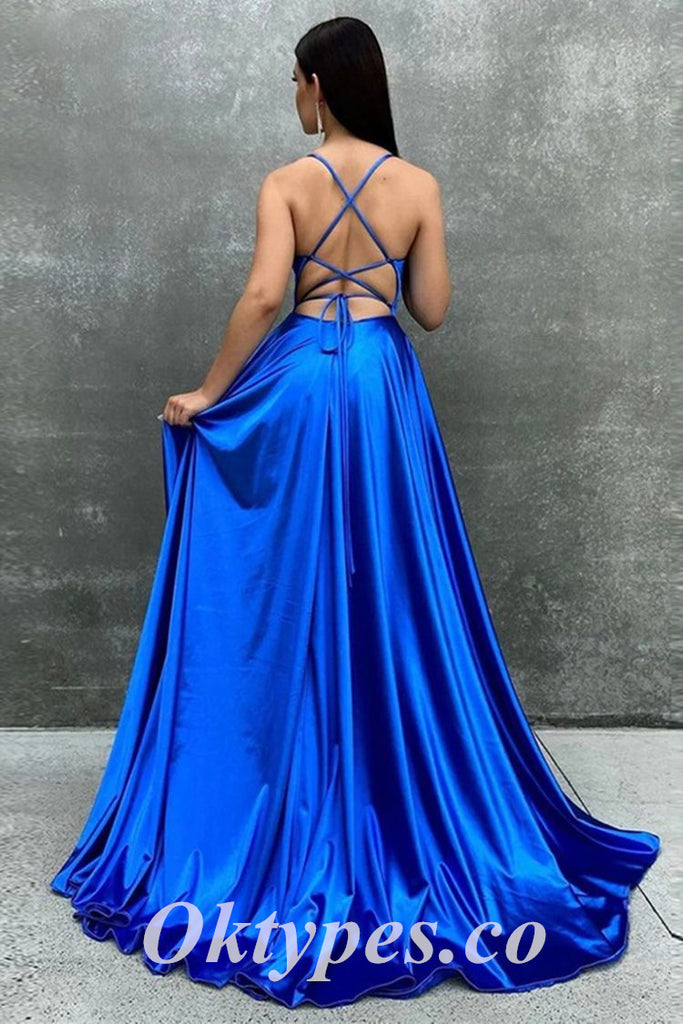 Sexy Satin Spaaghetti Straps sleeveless Lace Up Back Side Slit A-Line Long Prom Dresses, PDS0927