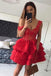 Sexy Off-Shoulder Red Satin Short Cheap Homecoming Dresses with Lace, TYP1084