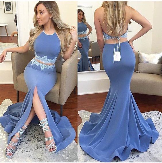 Two Piece Long Mermaid Prom Dresses, Front Split Prom Dresses, Open-back Prom Dresses, Jewel Lace Prom Dresses, TYP0198