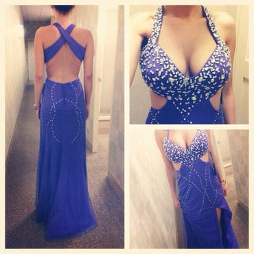 Newest Royal Blue Sexy Long Sheath Side Slit Rhinestone Long Prom Dresses, TYP0014