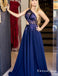 One Shoulder Evening Gowns Navy Blue Long Prom Dresses With Appliques, TYP1708