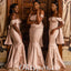 Elegant Blush Soft Satin Off Shoulder V-Neck Sleeveless Mermaid Floor Length Bridesmaid Dressses With Bow, BDS0245