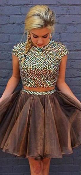 Brown Two Pieces Cap Sleeve Beaded Short Cheap Homecoming Dresses Online, CM583