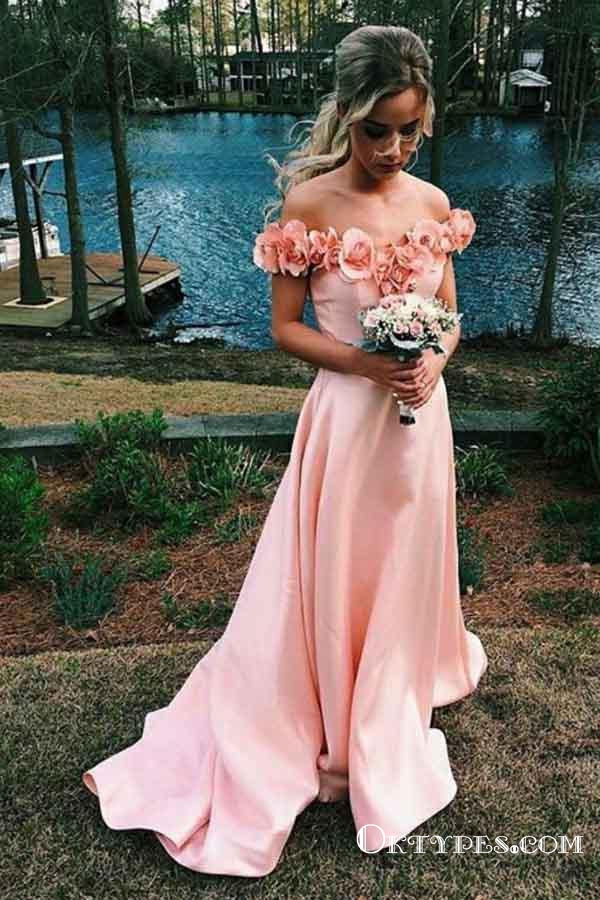 Charming Pink Off Shoulder Long Cheap Prom Dresses With Handmade Flowers, TYP1701
