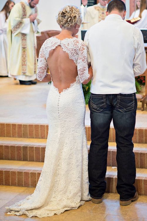 Sexy Mermaid White Scoop Half Sleeves Long Cheap Lace Wedding Dresses Online, TYP1058
