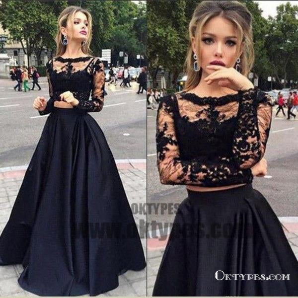 Black Two Piece Long Sleeve Prom Dresses, A-line Lace Two Piece Long P Oktypes Black Two Piece Long Sleeve Prom Dresses, A-line Lace Two Piece Long P Oktypes