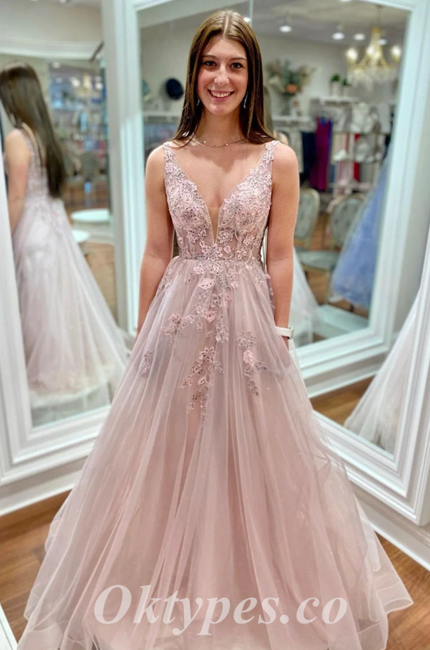 Elegant Tulle Spaghetti Straps V-Neck Sleeveless A-Line Long Prom Dresses With Applique And Beading,PDS0660