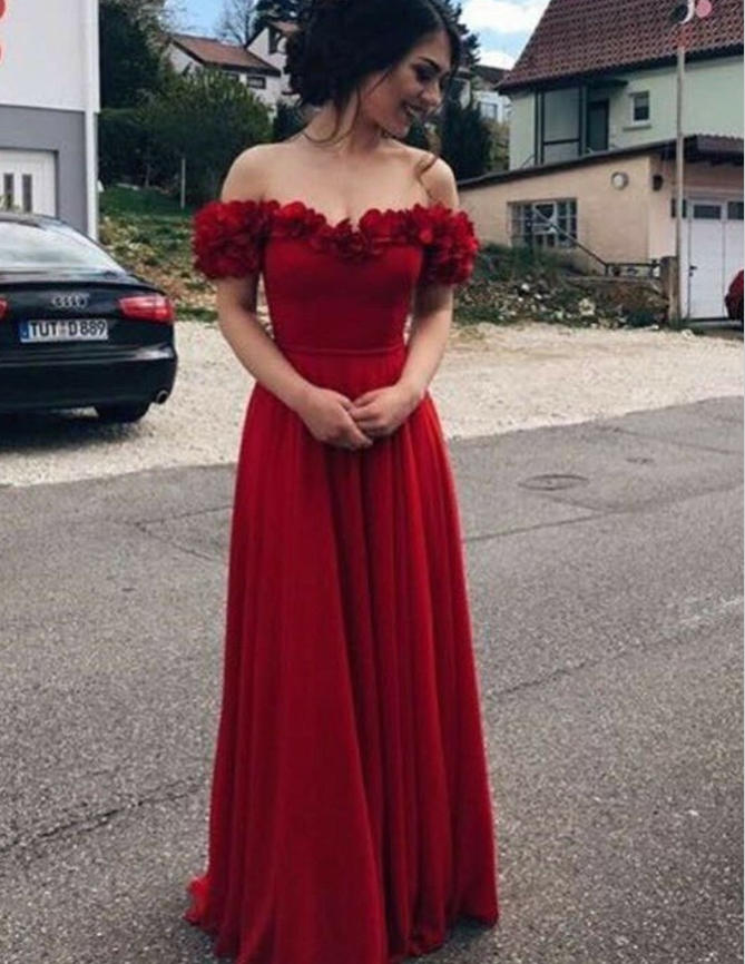A-Line Off-the-Shoulder Dark Red Chiffon Prom with Flower, TYP – Oktypes