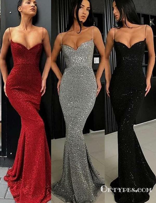 Sexy Mermaid Spaghetti Straps Burgundy Long Cheap Prom Dresses, TYP1815