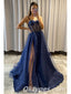 Sexy Sequin Tulle Spaghetti Straps Sleeveless Side Slit A-Line Long Prom Dresses,PDS0415