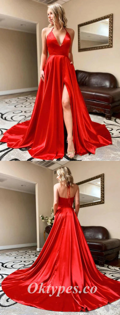 Sexy Red Satin Halter V-Neck Side Slit A-Line Long Prom Dresses With Pockets,PDS0597