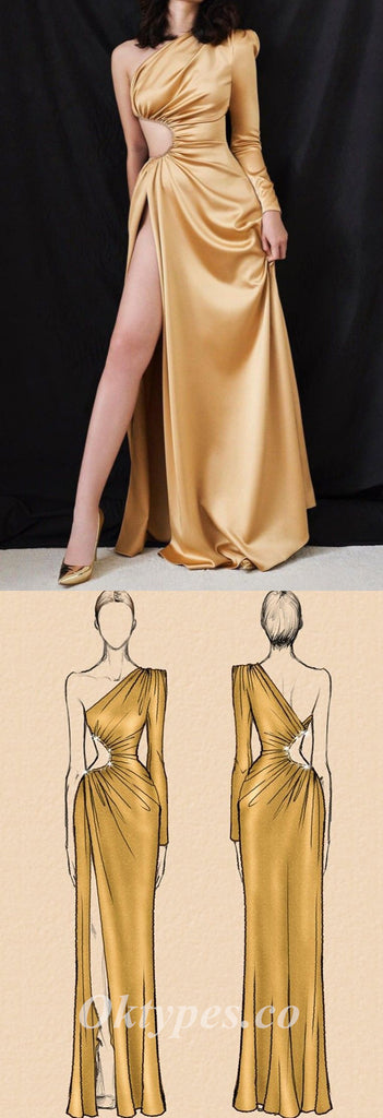 Sexy Satin One Shoulder Long Sleeve Side Slit Mermaid Long Prom Dresses,PDS0671