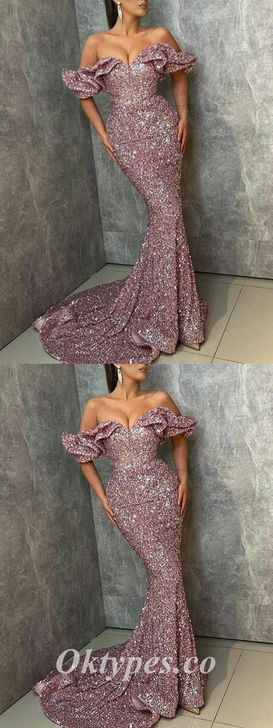 Sexy Gorgeous Sequin Off Shoulder V-Neck Sleeveless Mermaid Long Prom Dresses,PDS0530
