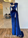Elegant Royal Blue Velvet Long Sleeve Side Slit Mermaid Long Prom Dresses/Evening Dresses ,PDS0474