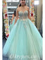 Elegant Tulle Spaghetti Straps V-Neck Sleeveless Lace Up A-Line Long Prom Dresses With Applique And Beading,PDS0662