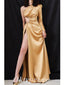 Sexy Satin One Shoulder Long Sleeve Side Slit Mermaid Long Prom Dresses,PDS0671