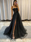 Sexy Black Sequin Tulle Spaghetti Straps Sleeveless Side Slit A-Line Long Prom Dresses With Applique,PDS0676