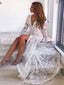 Lace Deep V-Neck Flare Sleeve Mermaid Vintage Maxi Long Dress, WDS0116