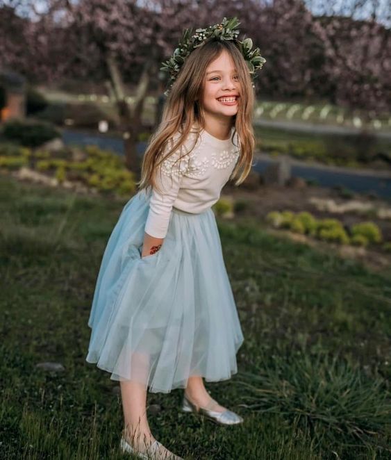 Cute Round Neck Mint Tulle Flower Girl Dress with Pockets&Appliques, TYP1068