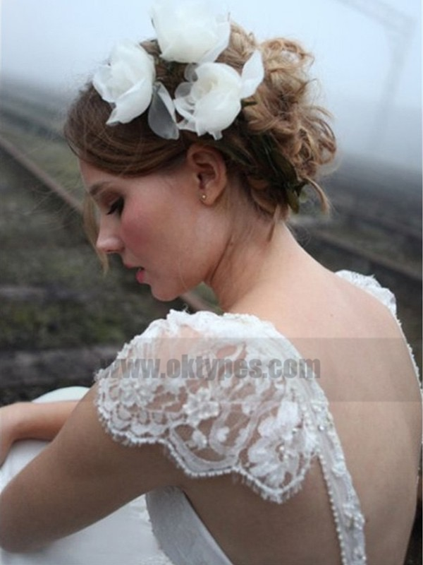 Sexy Backless Cap Sleeve V Neck A-line Chiffon Beach Wedding Dresses Online, TYP0816