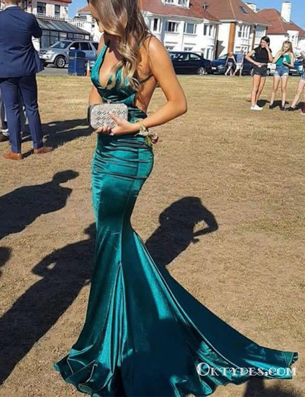 Sexy Simple Long Mermaid V Neck Green Backless Prom Dresses, TYP1768
