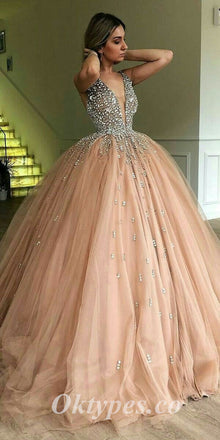 Elegant Tulle Spaghetti Straps V-Neck A-Line Long Prom Dresses With Beading,PDS0572