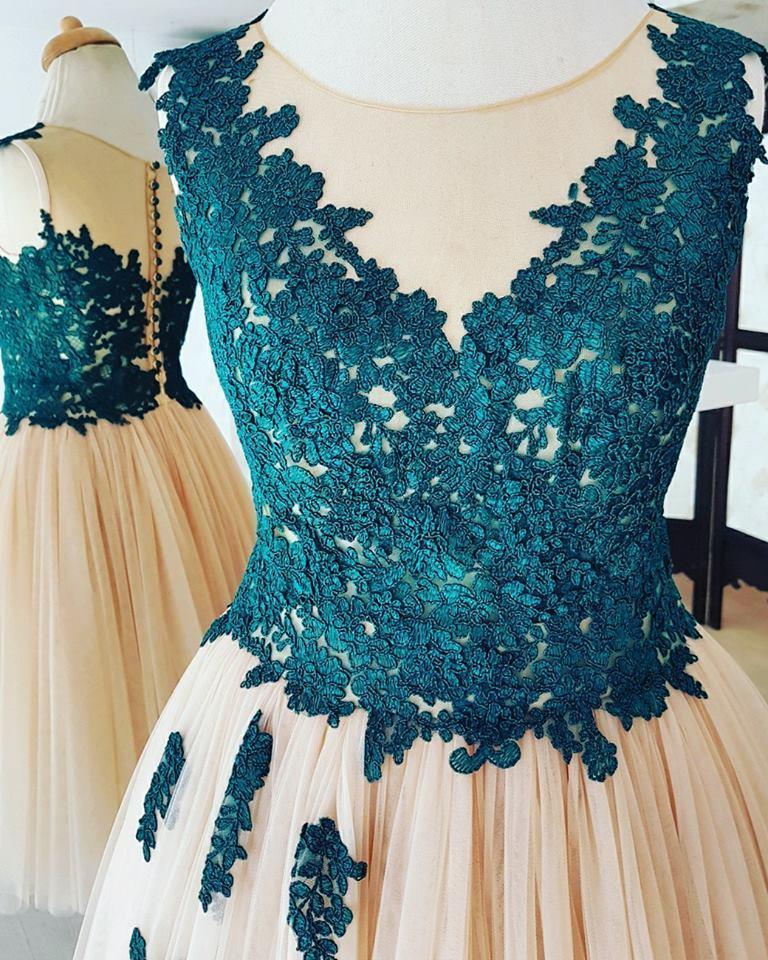 Teal Lace Applique Champagne Tulle Cheap Homecoming Dresses Online, CM587