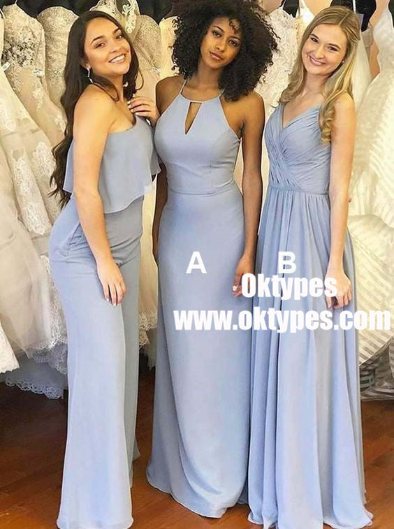 Sheath Jewel Sweep Train Blue Chiffon Bridesmaid Dress with Keyhole, TYP0853
