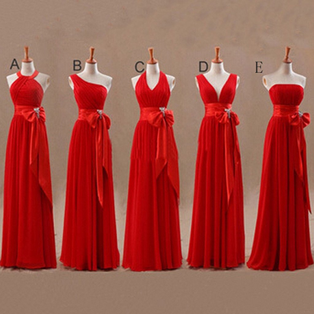 Mismatched Junior Chiffon Red Long A Line Formal Cheap Maxi Bridesmaid Dresses with Bow, TYP0102