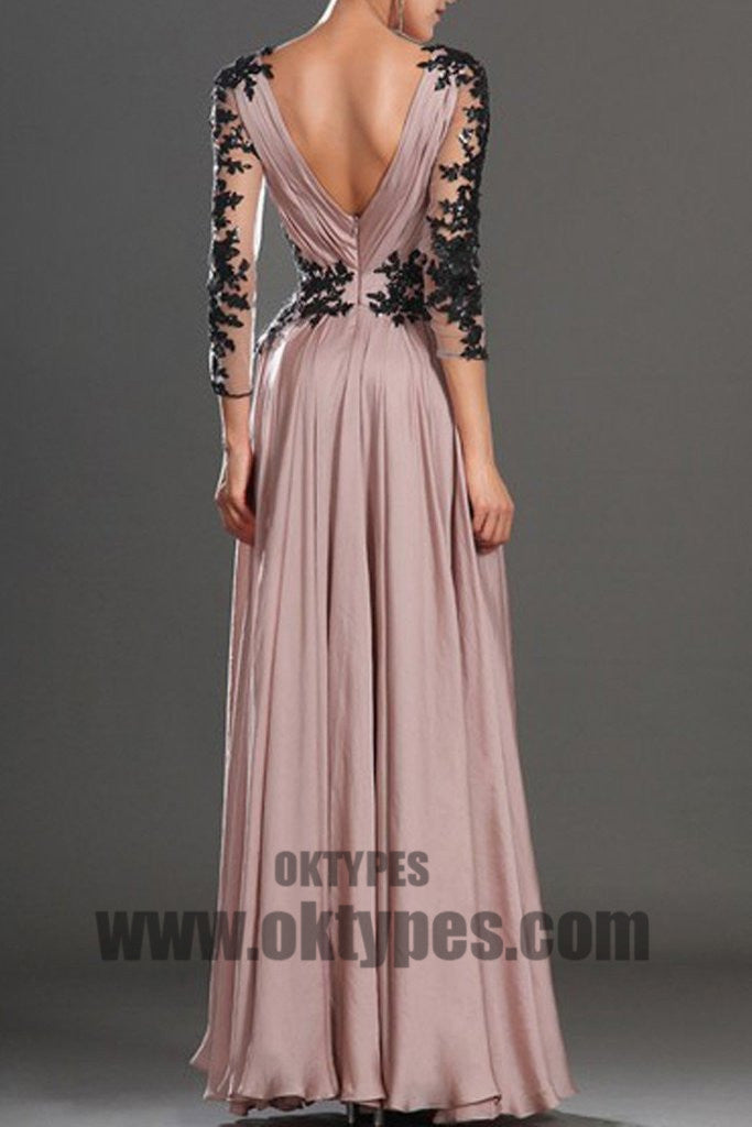 Long Pink Prom Dresses, V-neck Prom Dresses, Long Sleeve Prom Dresses, Appliques Prom Dresses, Zipper Prom Dresses, TYP0189