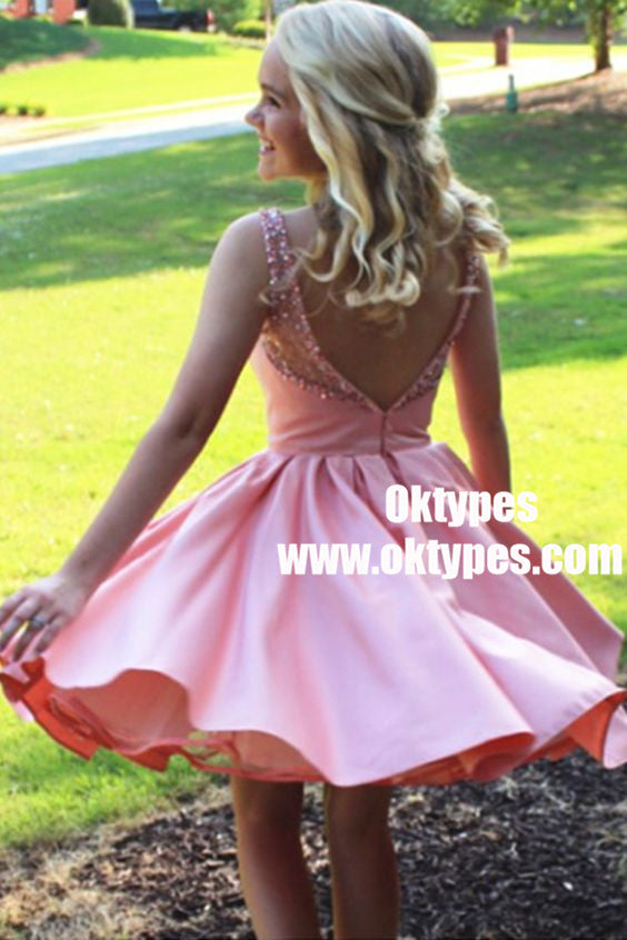 A-Line Round Neck Pleats Pink Satin Homecoming Dress with Beading, TYP0861