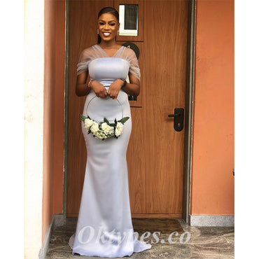 Sexy Soft Satin And Tulle Cap Sleeves Mermaid Floor Length Bridesmaid Dresss, BDS0264