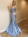 Blue Sequin Satin Spaghetti Straps Mermaid Prom Dresses, PDS0299