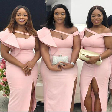 Pink Off Shoulder V-Neck  Side Slit Long Bridesmaid Dresses  , BDS0189