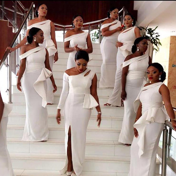 Elegant White Satin One Shoulder Floor Length Mermaid Bridesmaid Dress Oktypes Elegant White Satin One Shoulder Floor Length Mermaid Bridesmaid Dress Oktypes